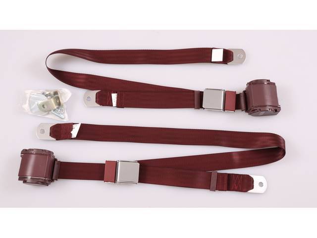 Rear 3 Point Seat Belt Conversion Set, maroon with chrome buckle