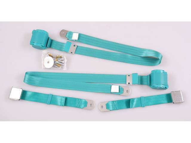 Rear 3 Point Seat Belt Conversion Set, turquoise with chrome buckle