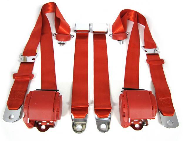 Front Seat Belt 3 Point Conversion Set, bright red with chrome buckle