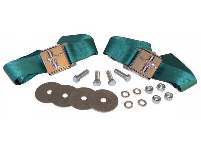 Seat Belt Set, Classic Look with Tri-Bar Running Horse Buckle Emblem, Turquoise