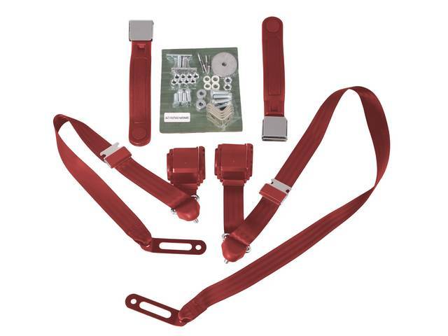 Front 3 Point Seat Belt Conversion Set, bright red with chrome buckle