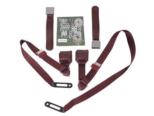 Front 3 Point Seat Belt Conversion Set, maroon with chrome buckle