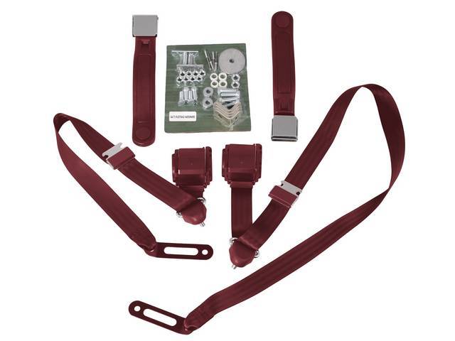 Front 3 Point Seat Belt Conversion Set, dark red with chrome buckle