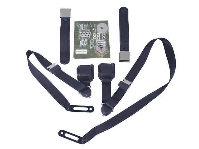 Front 3 Point Seat Belt Conversion Set, dark blue with chrome buckle