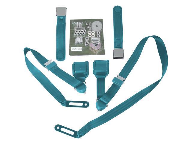 Front 3 Point Seat Belt Conversion Set, turquoise with chrome buckle