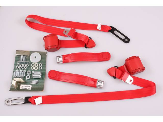 Front 3 Point Seat Belt Conversion Set, bright red with Starburst chrome push button buckle