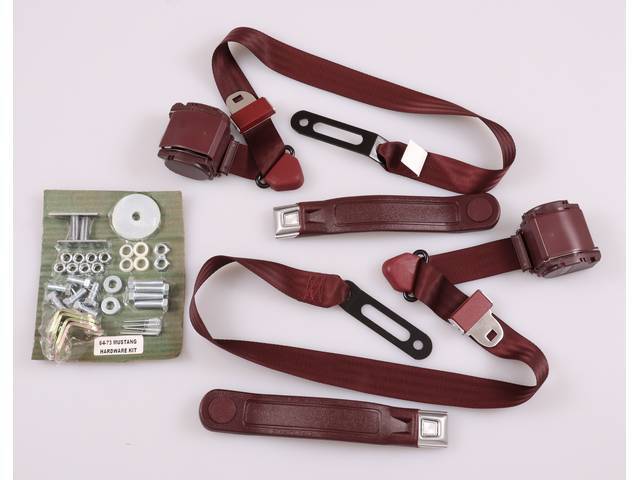Front 3 Point Seat Belt Conversion Set, red with Starburst chrome push button buckle