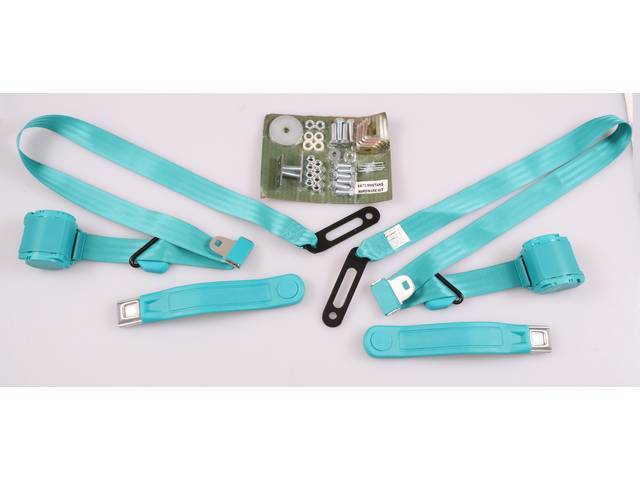 Front 3 Point Seat Belt Conversion Set, turquoise with Starburst chrome push button buckle