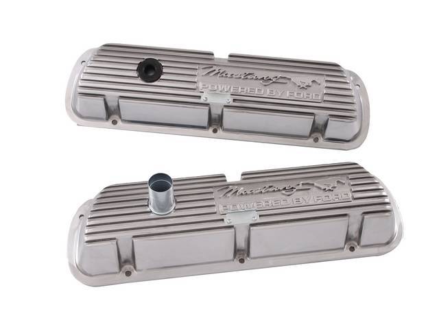 Valve Covers, Finned Aluminum, “Mustang Powered By Ford” with Running Horse, Polished Finish