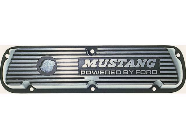 Valve Covers, Finned Aluminum, Mustang Powered By Ford, Black Wrinkle Finish