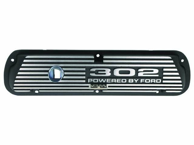 Valve Covers, Finned Aluminum, 302 Powered By Ford, Black Wrinkle Finish