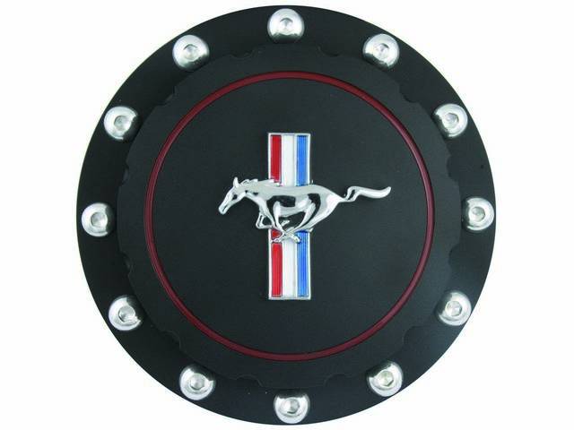 Fuel Cap, Vented, Custom Billet Aluminum, Black Anodized, With Tri-Bar Running Horse Emblem