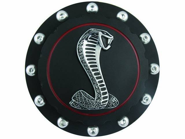 Fuel Cap, Vented, Custom Billet Aluminum, Black Anodized, With Coiled Cobra Snale Emblem