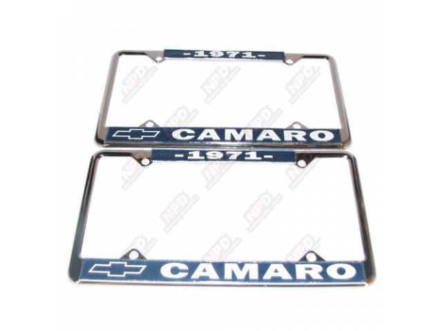 FRAME, License Plate, chrome frame w/ *1971* at the top and a Chevrolet Bowtie logo and *Camaro* at the bottom in white lettering on a blue background