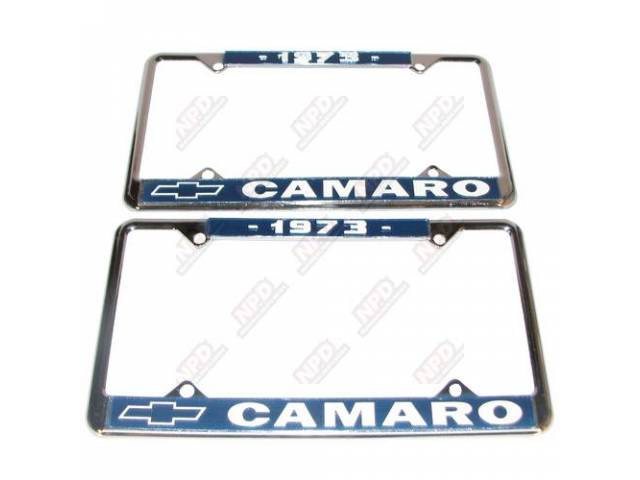 FRAME, License Plate, chrome frame w/ *1973* at the top and a Chevrolet Bowtie logo and *Camaro* at the bottom in white lettering on a blue background