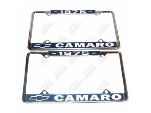 FRAME, License Plate, chrome frame w/ *1975* at the top and a Chevrolet Bowtie logo and *Camaro* at the bottom in white lettering on a blue background