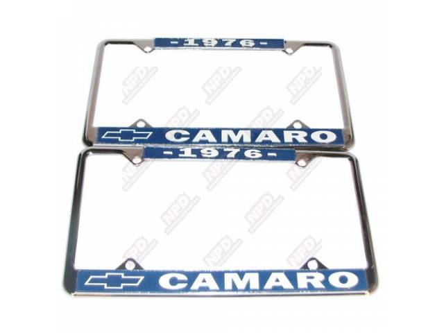 FRAME, License Plate, chrome frame w/ *1976* at the top and a Chevrolet Bowtie logo and *Camaro* at the bottom in white lettering on a blue background