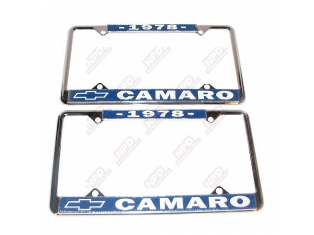 FRAME, License Plate, chrome frame w/ *1978* at the top and a Chevrolet Bowtie logo and *Camaro* at the bottom in white lettering on a blue background
