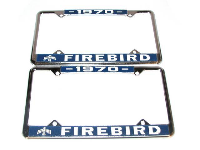 FRAME, License Plate, chrome frame w/ *1970* at the top and a Firebird logo and *Firebird* at the bottom in white lettering on a blue background