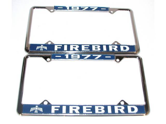 FRAME, License Plate, chrome frame w/ *1977* at the top and a Firebird logo and *Firebird* at the bottom in white lettering on a blue background