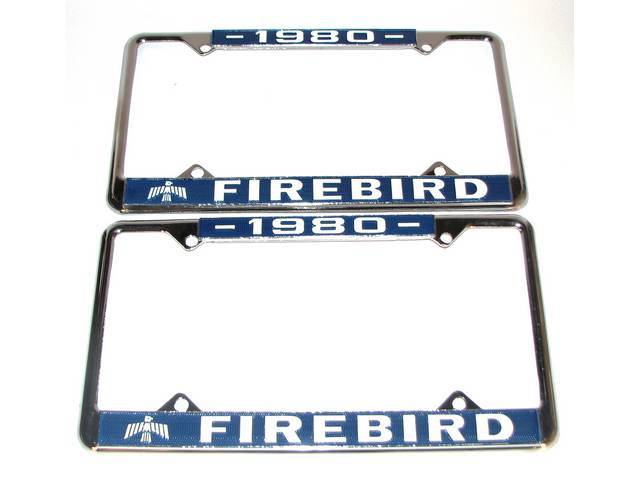 FRAME, License Plate, chrome frame w/ *1980* at the top and a Firebird logo and *Firebird* at the bottom in white lettering on a blue background