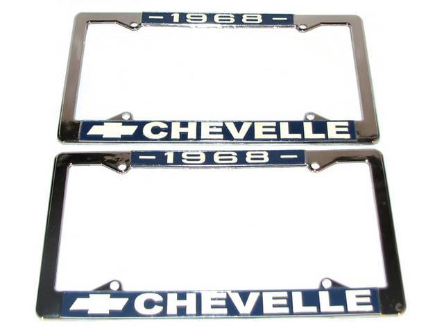 FRAME, License Plate, chrome frame w/ *1968* at the top and a Chevrolet Bowtie logo and *Chevelle* at the bottom in white lettering on a blue background