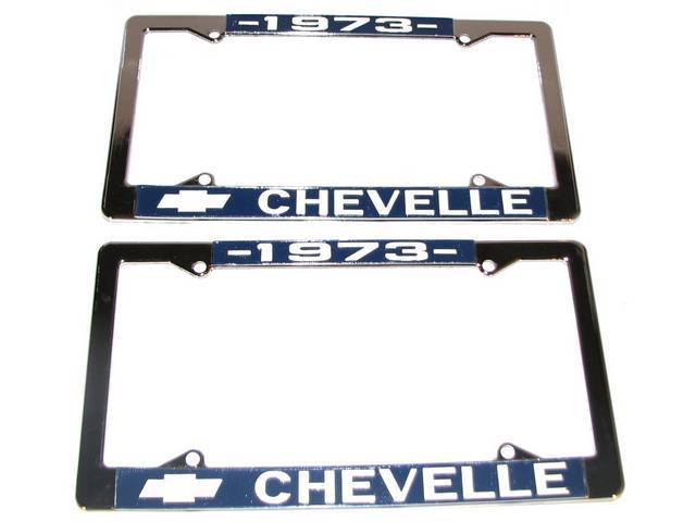 FRAME, License Plate, chrome frame w/ *1973* at the top and a Chevrolet Bowtie logo and *Chevelle* at the bottom in white lettering on a blue background
