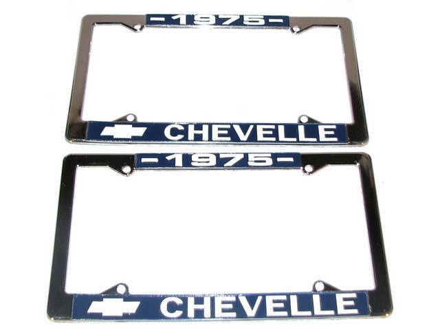 FRAME, License Plate, chrome frame w/ *1975* at the top and a Chevrolet Bowtie logo and *Chevelle* at the bottom in white lettering on a blue background
