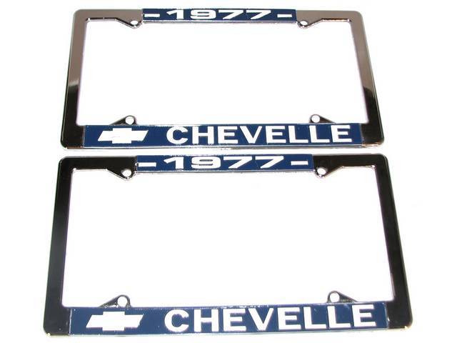 FRAME, License Plate, chrome frame w/ *1977* at the top and a Chevrolet Bowtie logo and *Chevelle* at the bottom in white lettering on a blue background