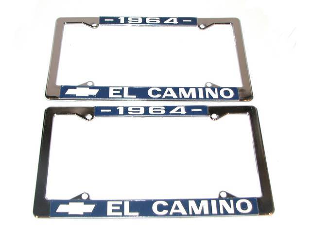FRAME, License Plate, chrome frame w/ *1964* at the top and a Chevrolet Bowtie logo and *El Camino* at the bottom in white lettering on a blue background