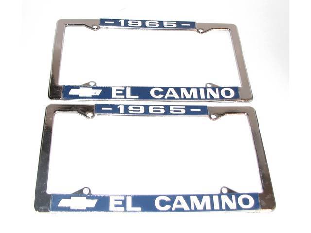 FRAME, License Plate, chrome frame w/ *1965* at the top and a Chevrolet Bowtie logo and *El Camino* at the bottom in white lettering on a blue background