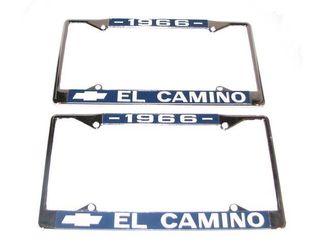 FRAME, License Plate, chrome frame w/ *1966* at the top and a Chevrolet Bowtie logo and *El Camino* at the bottom in white lettering on a blue background
