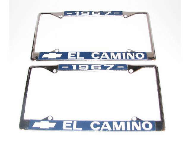 FRAME, License Plate, chrome frame w/ *1967* at the top and a Chevrolet Bowtie logo and *El Camino* at the bottom in white lettering on a blue background