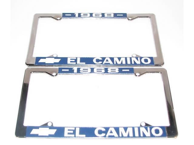 FRAME, License Plate, chrome frame w/ *1968* at the top and a Chevrolet Bowtie logo and *El Camino* at the bottom in white lettering on a blue background