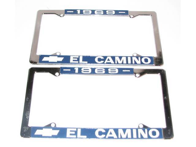 FRAME, License Plate, chrome frame w/ *1969* at the top and a Chevrolet Bowtie logo and *El Camino* at the bottom in white lettering on a blue background