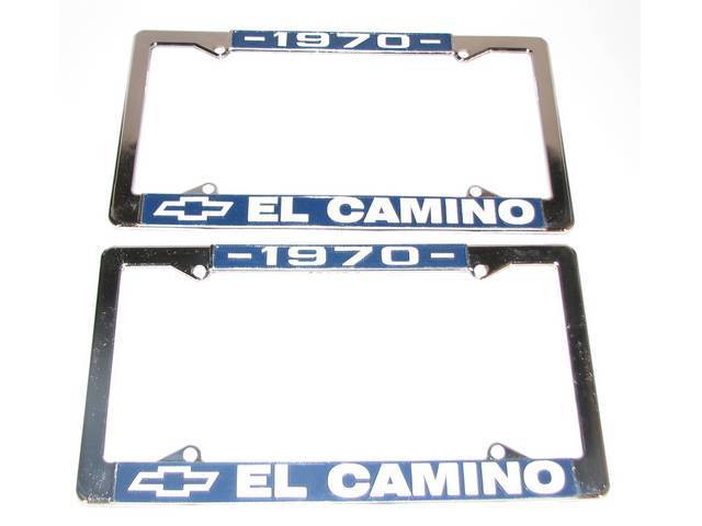 FRAME, License Plate, chrome frame w/ *1970* at the top and a Chevrolet Bowtie logo and *El Camino* at the bottom in white lettering on a blue background