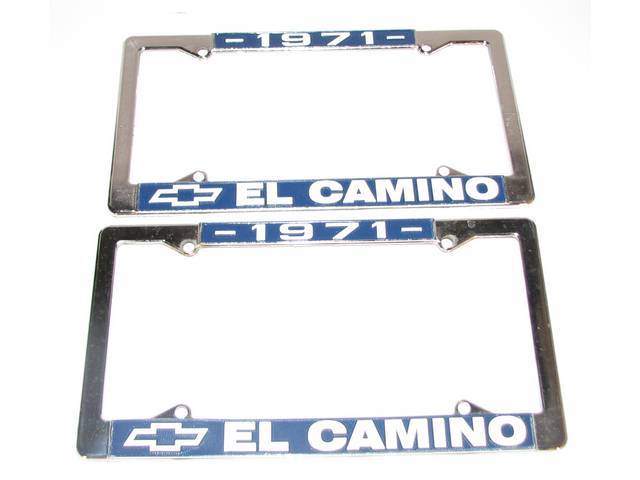 FRAME, License Plate, chrome frame w/ *1971* at the top and a Chevrolet Bowtie logo and *El Camino* at the bottom in white lettering on a blue background
