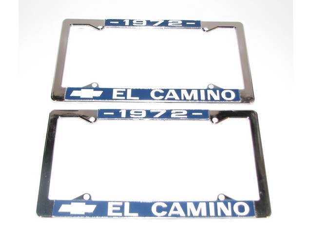 FRAME, License Plate, chrome frame w/ *1972* at the top and a Chevrolet Bowtie logo and *El Camino* at the bottom in white lettering on a blue background