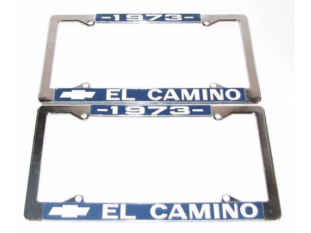 FRAME, License Plate, chrome frame w/ *1973* at the top and a Chevrolet Bowtie logo and *El Camino* at the bottom in white lettering on a blue background