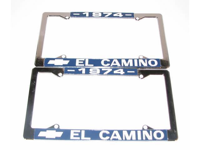FRAME, License Plate, chrome frame w/ *1974* at the top and a Chevrolet Bowtie logo and *El Camino* at the bottom in white lettering on a blue background