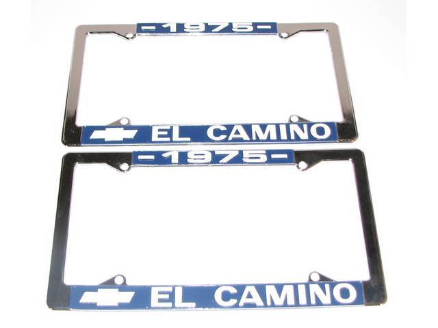 FRAME, License Plate, chrome frame w/ *1975* at the top and a Chevrolet Bowtie logo and *El Camino* at the bottom in white lettering on a blue background