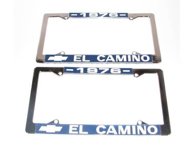 FRAME, License Plate, chrome frame w/ *1976* at the top and a Chevrolet Bowtie logo and *El Camino* at the bottom in white lettering on a blue background