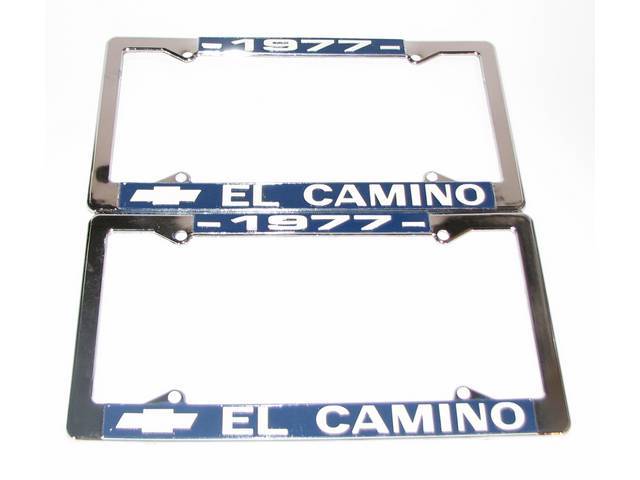 FRAME, License Plate, chrome frame w/ *1977* at the top and a Chevrolet Bowtie logo and *El Camino* at the bottom in white lettering on a blue background