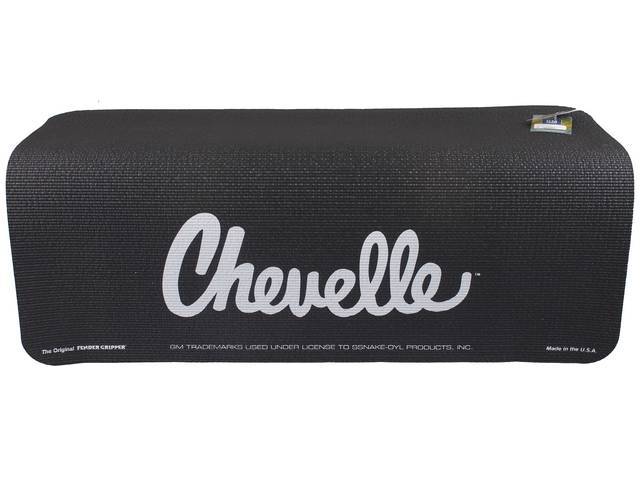 FENDER COVER, Fender Gripper, Black w/ *Chevelle* in silver lettering (1970-72 Chevelle trunk emblem style script), Hand washable 22 inch X 34 inch std size strong PVC product reinforced w/ nylon mesh, non-slip material will not slide off slick surfaces, 