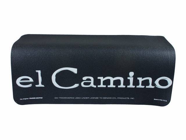 FENDER COVER, Fender Gripper, Black w/ *el Camino* in silver lettering (1968-69 el Camino header panel / quarter panel emblem style), Hand washable 22 inch X 34 inch std size strong PVC product reinforced w/ nylon mesh, non-slip material will not slide of