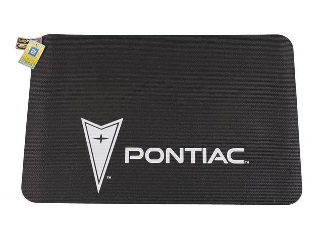 FENDER COVER, Fender Gripper, Black w/ Pontiac *Arrowhead* Insignia and *Pontiac* in silver lettering, Hand washable 22 inch X 34 inch std size strong PVC product reinforced w/ nylon mesh, non-slip material will not slide off slick surfaces, will not harm