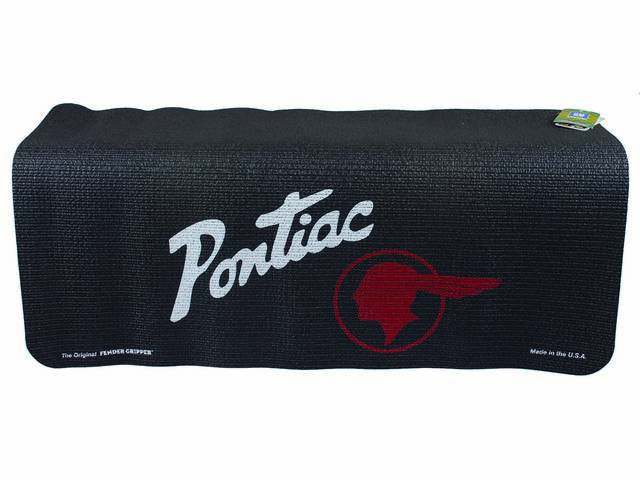 FENDER COVER, Fender Gripper, Black w/ Pontiac *Indian Head* Insignia and *Pontiac* in silver script lettering, Hand washable 22 inch X 34 inch std size strong PVC product reinforced w/ nylon mesh, non-slip material will not slide off slick surfaces, will