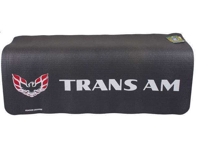 FENDER COVER, Fender Gripper, Black w/ Pontiac *Firebird* bird insignia and *Trans Am* in silver lettering (1969 Trans Am fender style lettering), Hand washable 22 inch X 34 inch std size strong PVC product reinforced w/ nylon mesh, non-slip material will