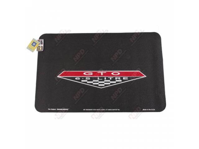 FENDER COVER, Fender Gripper, black w/ *GTO 6.5 Litre* badge in white lettering (1964-68 GTO Crest fender emblem style), Hand washable 22 inch X 34 inch std size strong PVC product reinforced w/ nylon mesh, non-slip material will not slide off slick surfa