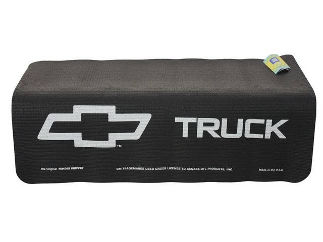 FENDER COVER, Fender Gripper, Black w/ Chevrolet *Bowtie* and *Truck* in white letters, Hand washable 22 inch X 34 inch std size strong PVC product reinforced w/ nylon mesh, non-slip material will not slide off slick surfaces, will not harm your paint